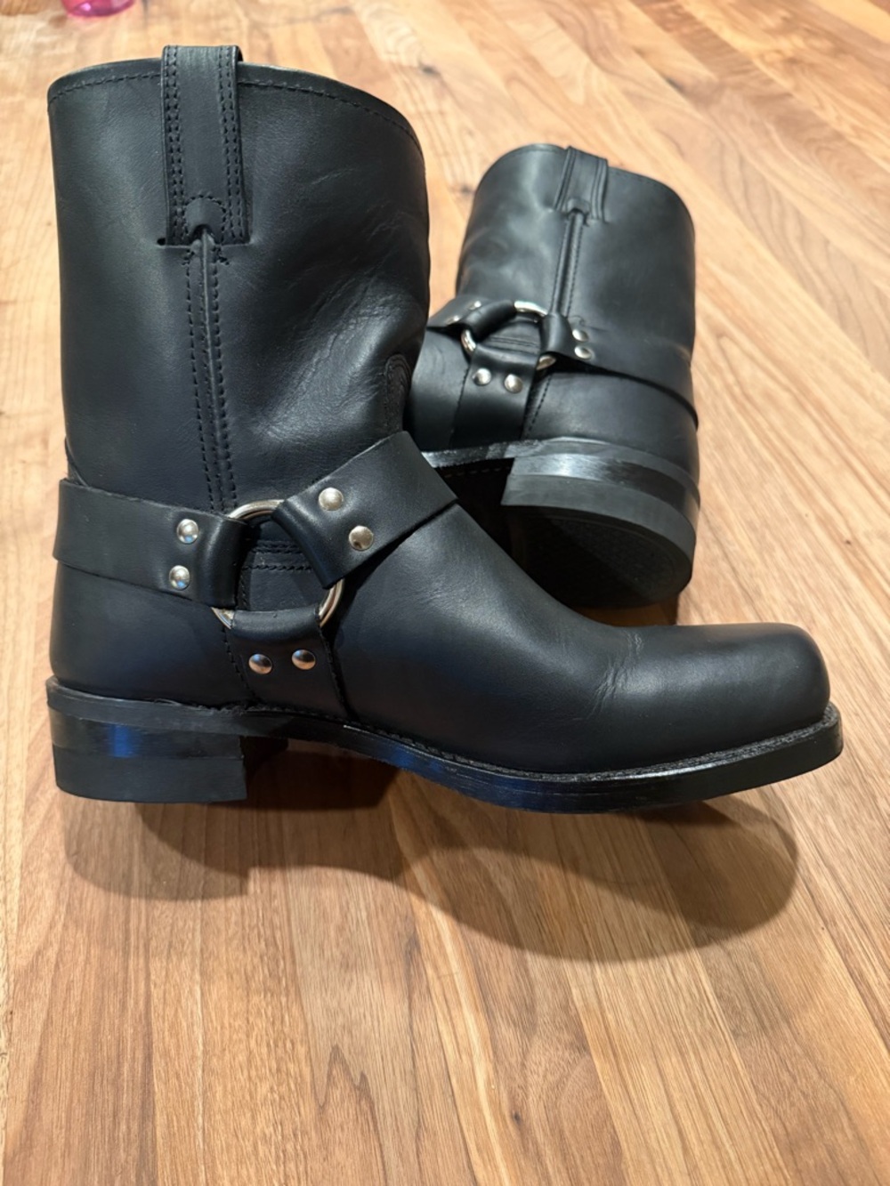 Frye Black Leather 8R Harness Boots with Ring & Stud Detail